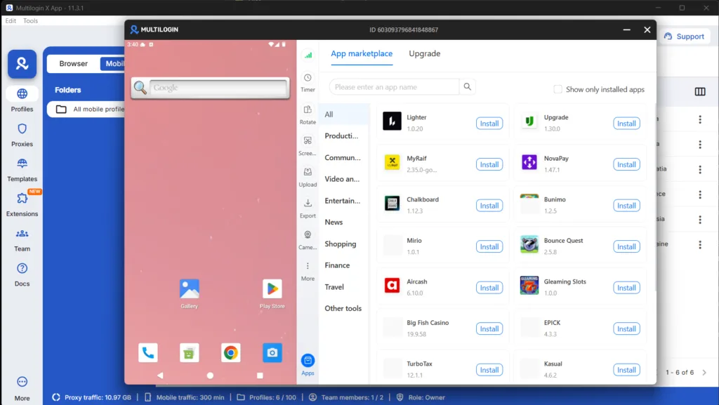 Giao diện kho ứng dụng Google Play Store trên Multilogin Cloud Phone, hỗ trợ cài đặt ứng dụng Android gốc (Native Apps) và upload APK trực tiếp trên thiết bị thật.